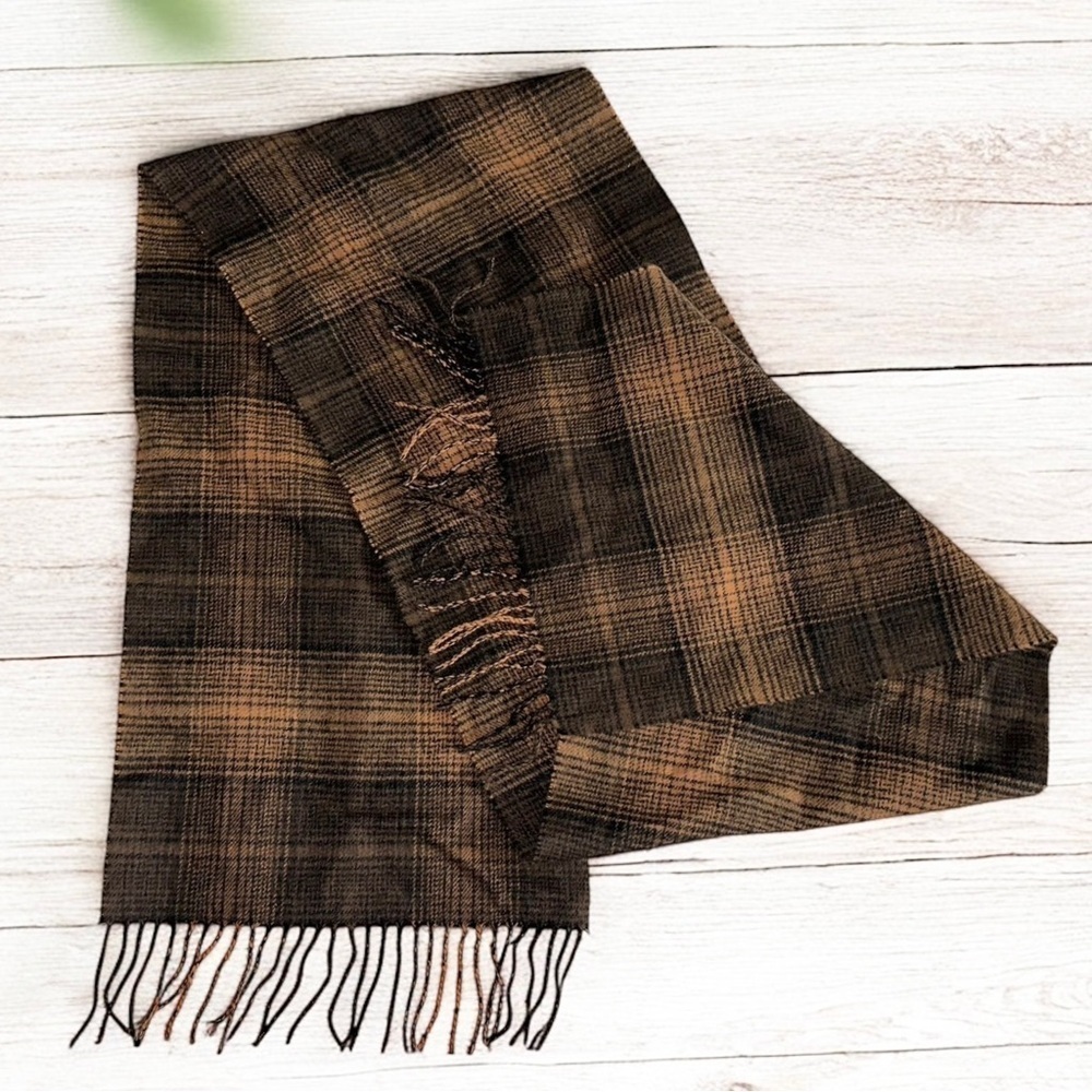 100% Cashmere Made in Scotland Brown Plaid Scarf 63x12” - Picture 2 of 4
